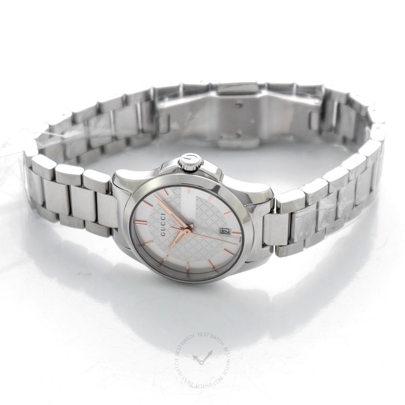 Gucci G-Timeless 27mm watch displayed at angle showing dial and steel bracelet