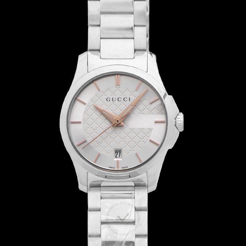 Gucci G-Timeless 27mm watch with silvered dial, rose-gold hands, and date window