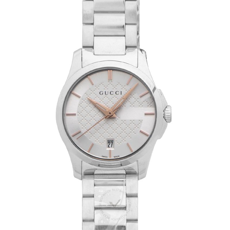 Gucci G-Timeless 27mm watch with silvered dial and steel bracelet, front view
