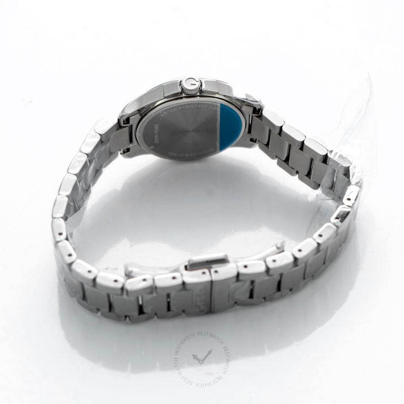Gucci G-Timeless 27mm watch side view showing caseback and steel bracelet