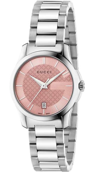 Gucci G-Timeless women's watch with pink quilted dial and stainless steel bracelet