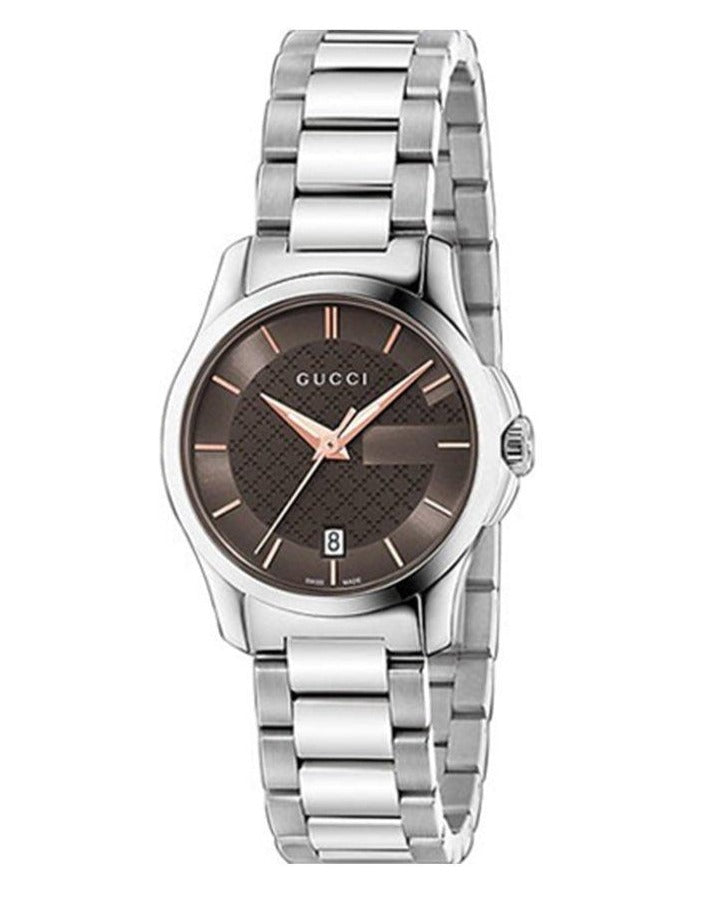 Gucci G-Timeless YA126529 stainless steel ladies watch with brown dial and bracelet