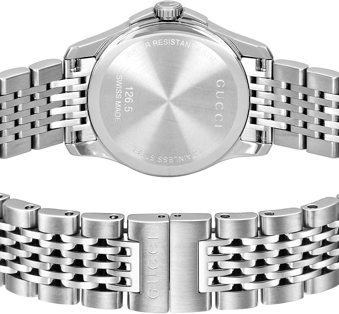 Stainless steel caseback and integrated bracelet of Gucci G Timeless women's watch