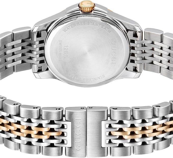 Gucci G-Timeless YA126537 case back and two-tone metal bracelet detail