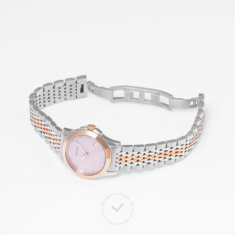 G-Timeless watch angled view showing pink dial and mixed metal bracelet