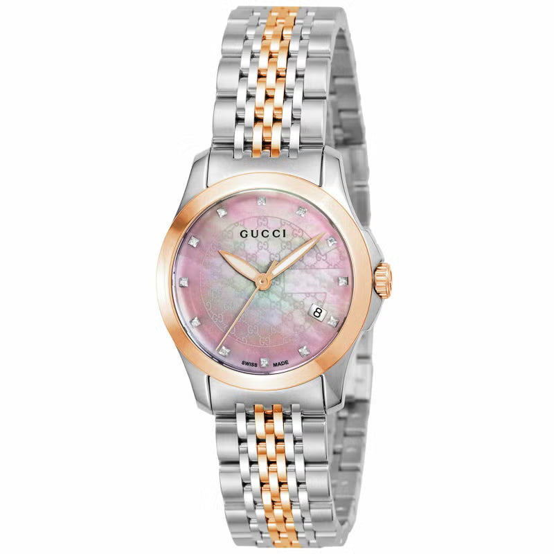 Gucci G-Timeless quartz watch with pink dial and two-tone stainless steel bracelet