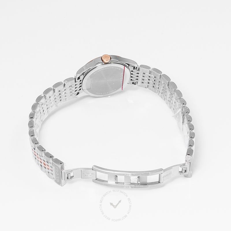 Gucci G-Timeless watch showing caseback and two-tone stainless steel bracelet with rose gold accents