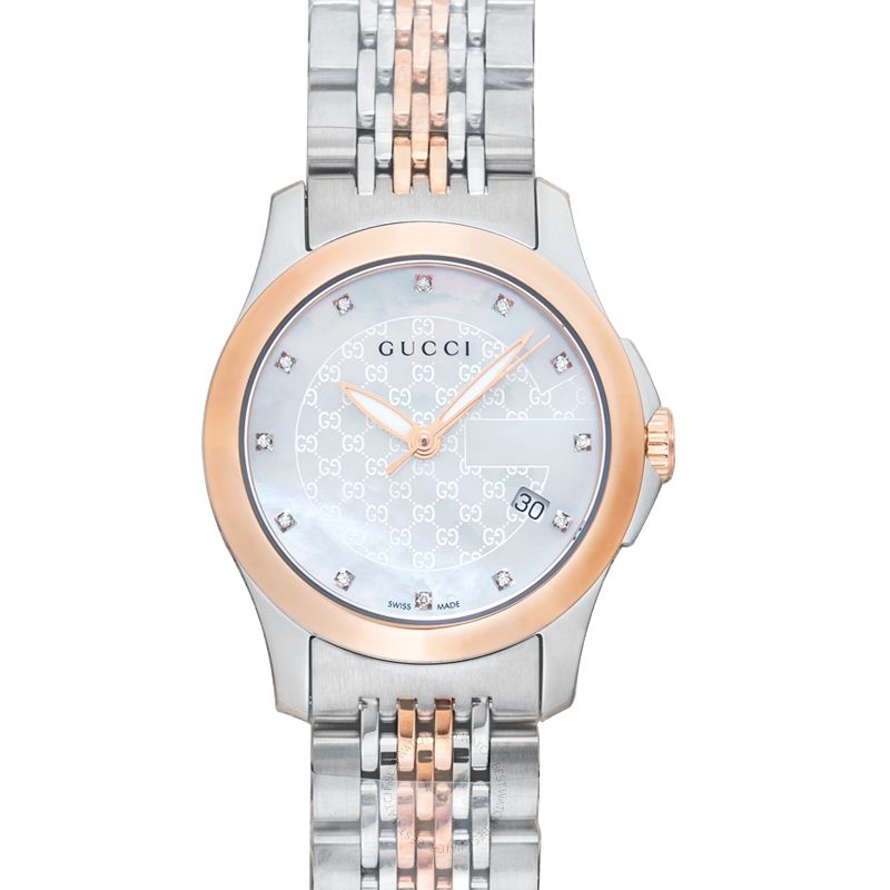 Gucci G-Timeless women's watch with two-tone rose gold and silver stainless steel case, mother of pearl dial with GG pattern and diamond indices