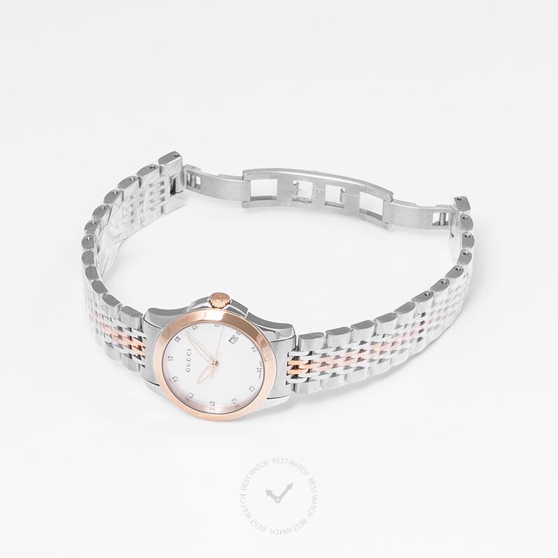 Gucci G-Timeless watch displayed on two-tone stainless steel bracelet with fold-over clasp