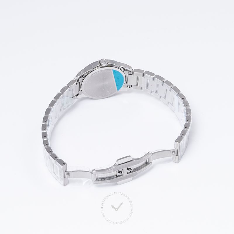 G-Timeless 27mm watch caseback view with blue seal detail on steel bracelet