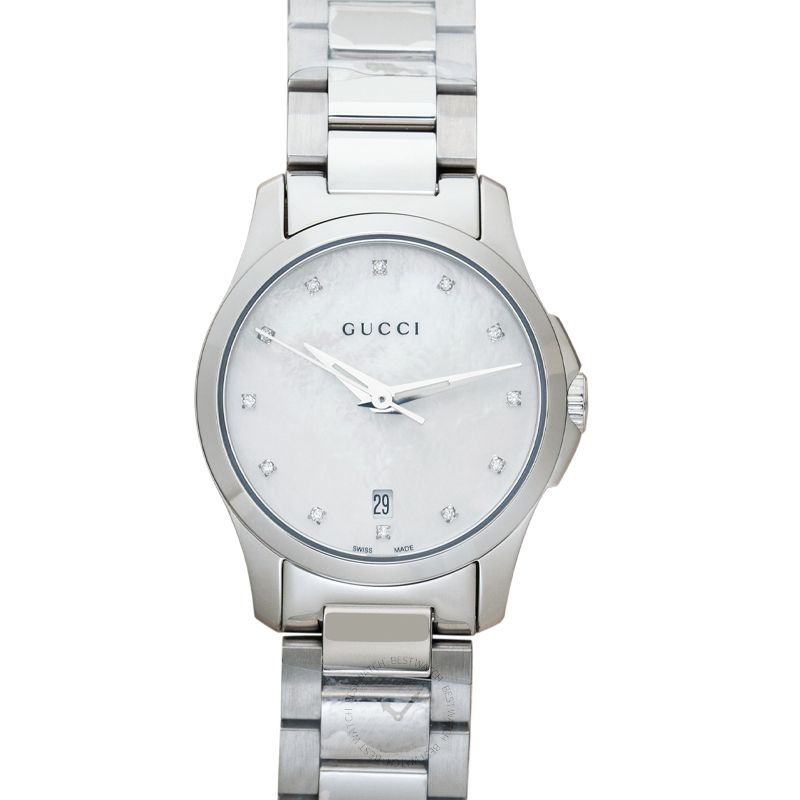 Gucci G-Timeless 27mm watch with silver dial, diamond markers, and steel bracelet