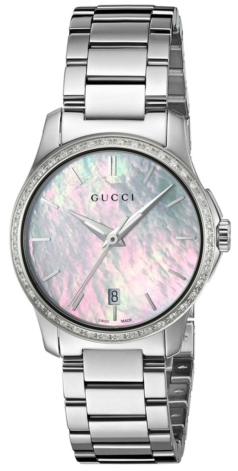 Gucci G-Timeless 27mm watch with pink mother-of-pearl dial and diamond bezel, stainless steel bracelet