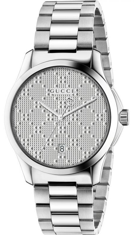 Gucci G-Timeless women's watch with stainless steel case and bracelet, silvered textured dial