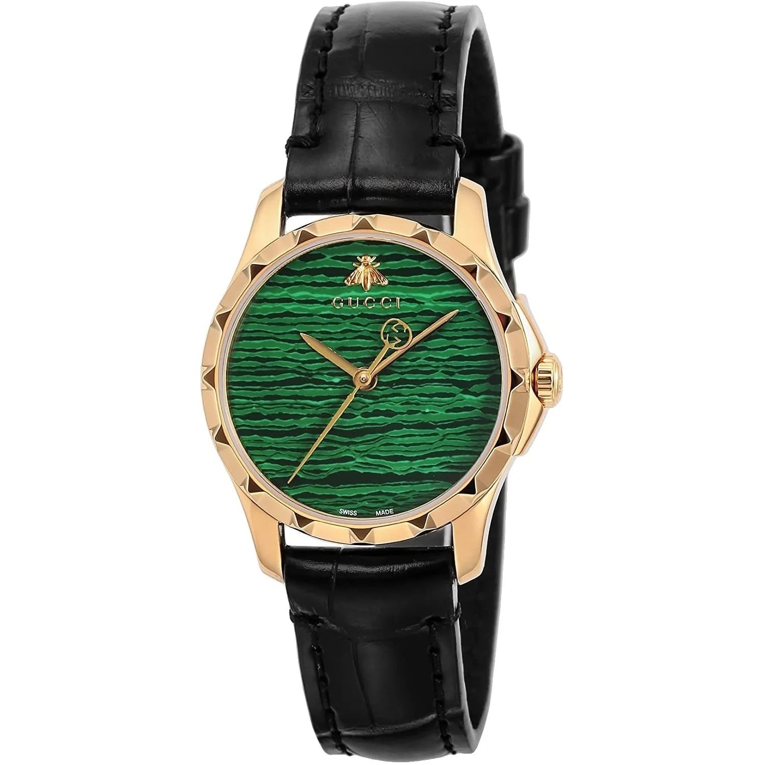 Gucci G-Timeless women's watch with green dial, gold case, and black leather strap