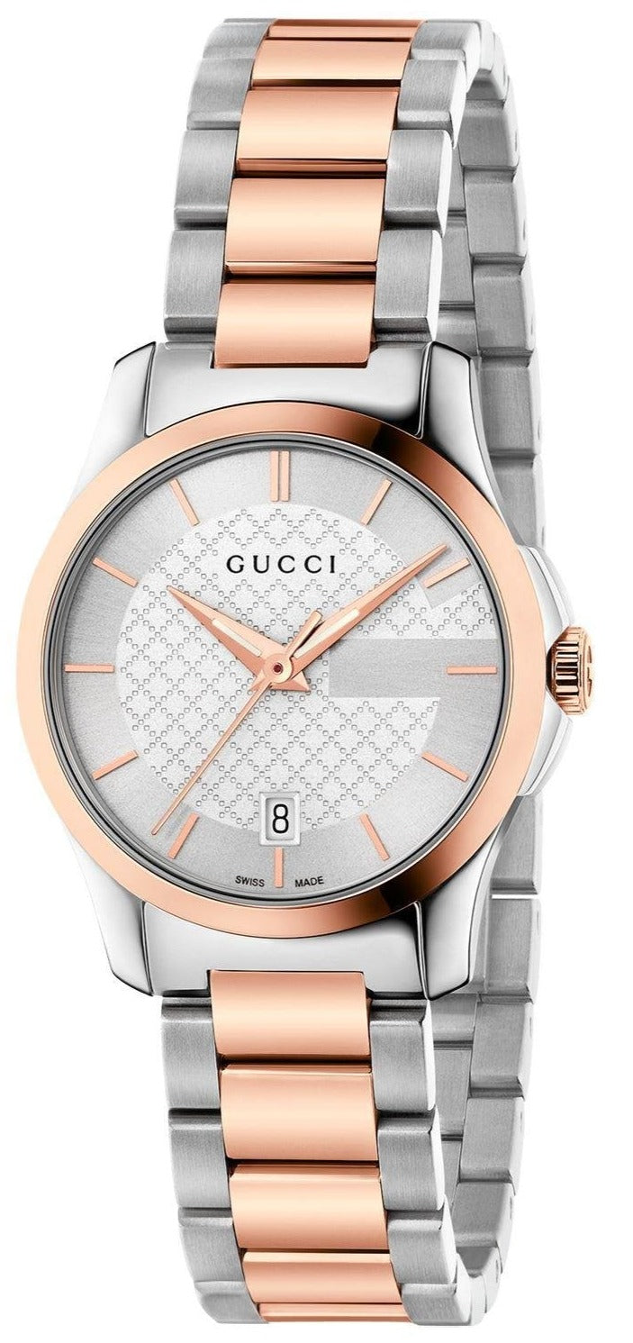 Gucci G-Timeless women's watch with silver dial, rose gold and stainless steel bracelet