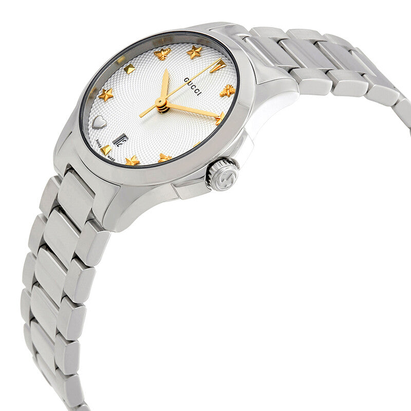Gucci G-Timeless watch at three-quarter angle showing silver steel case and bracelet