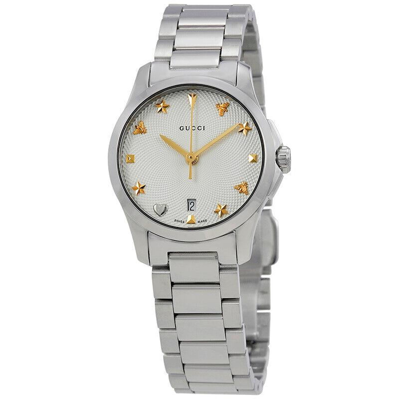 Gucci G-Timeless silver dial women's watch with gold star markers and gold hands