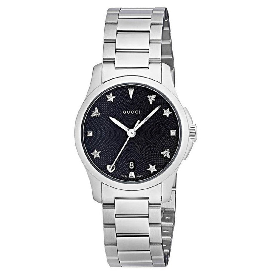 GUCCI G-Timeless 27MM women's watch with stainless steel case and black dial with star and charm indices