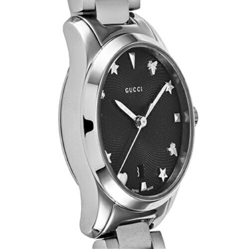 Side view of GUCCI G-Timeless 27MM women's watch showing stainless steel case profile and black dial