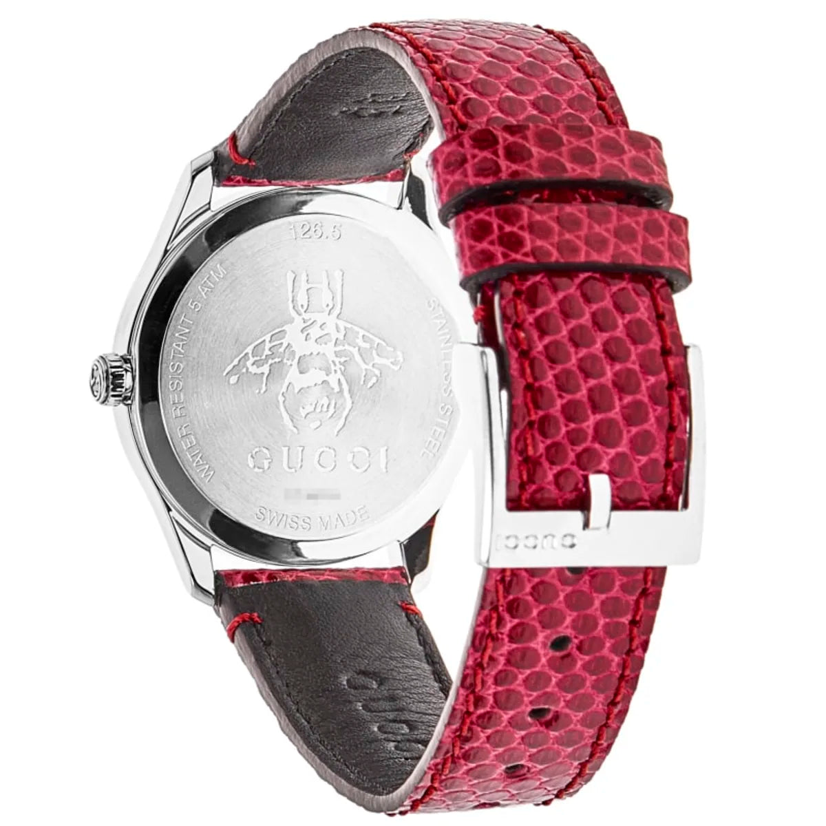 Caseback of Gucci G-Timeless watch showing stainless steel with Gucci bee logo engraving
