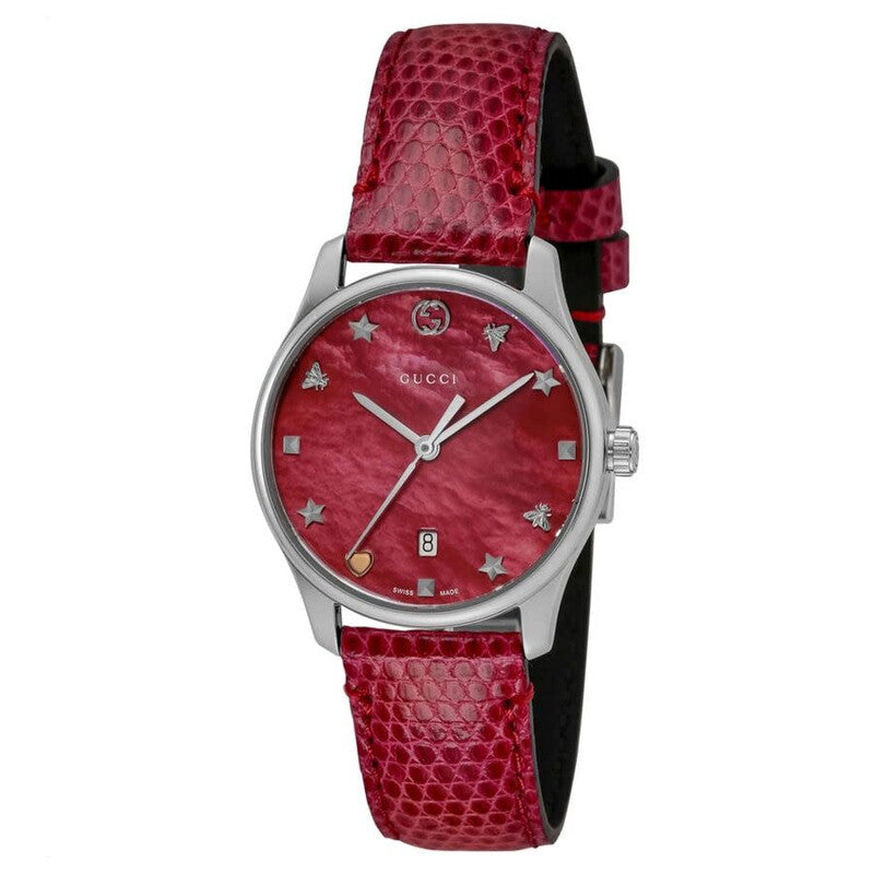 Gucci G-Timeless ladies watch with red mother of pearl dial, stainless steel case, and red leather strap