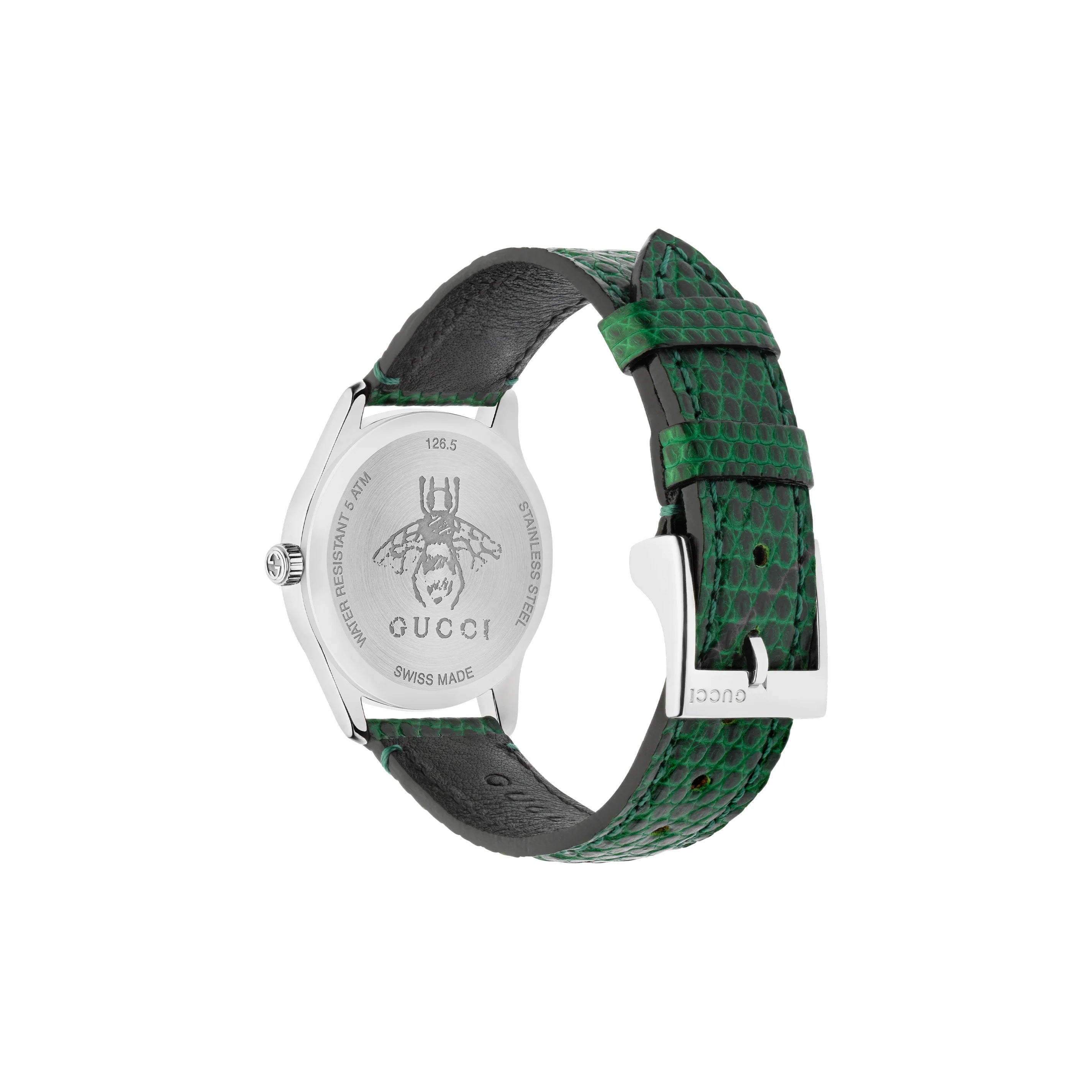 Caseback showing Gucci branding and Swiss Made marking on women's watch