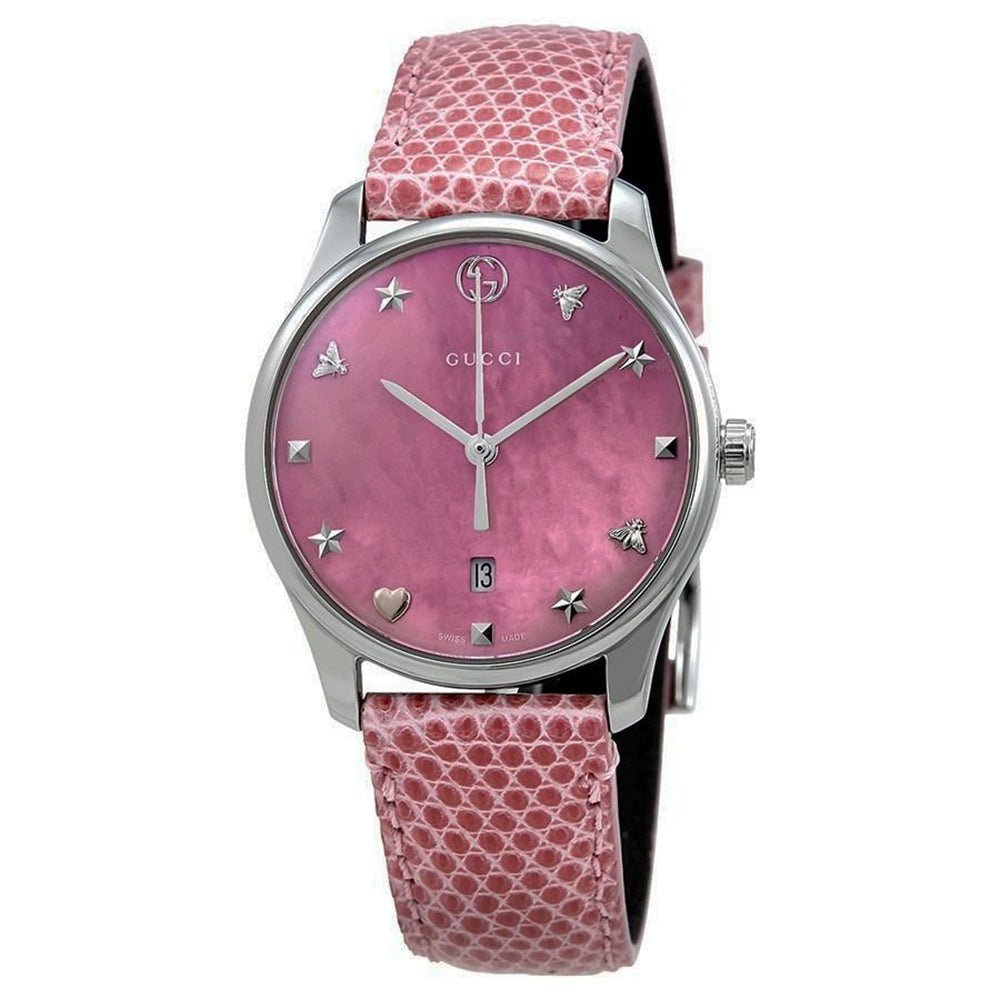 Gucci G-Timeless pink dial quartz watch with stainless steel case and quilted pink leather strap