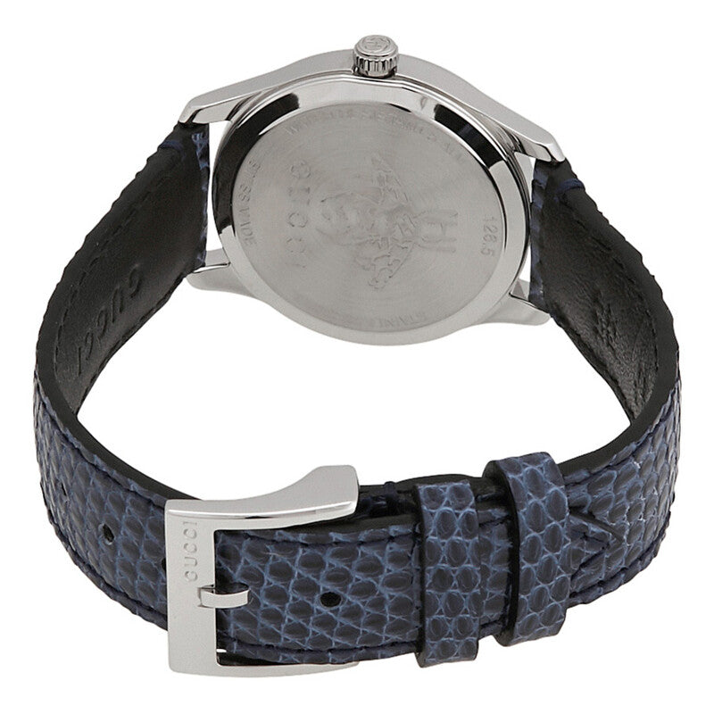 Gucci G-Timeless watch caseback with blue leather strap and buckle closure