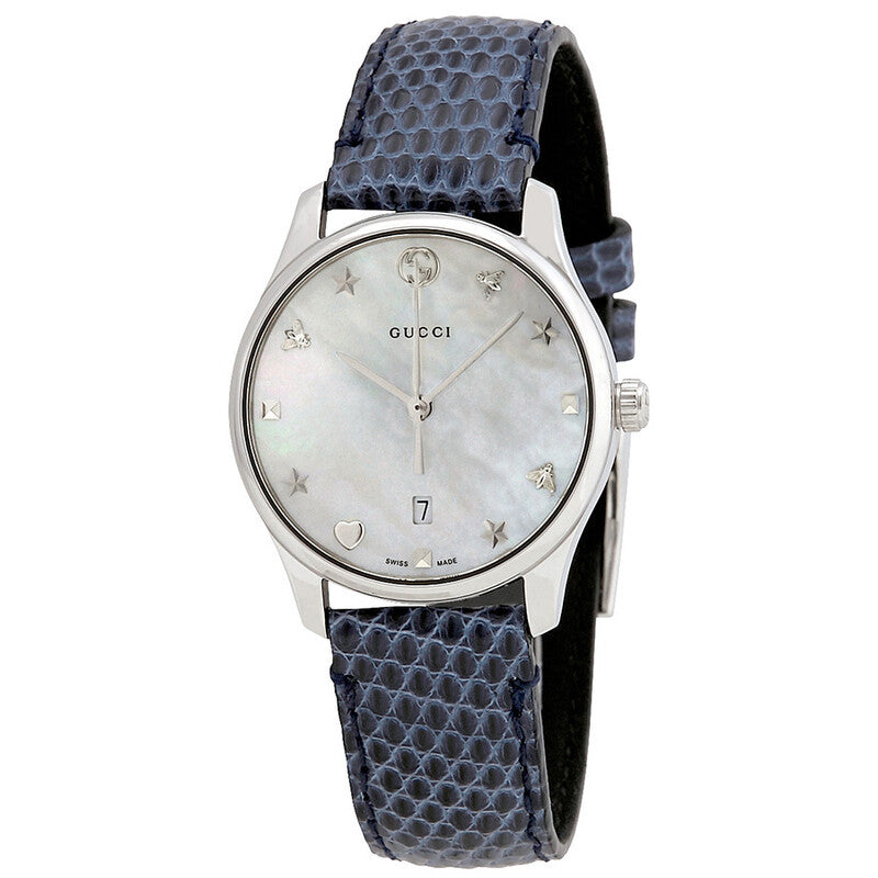 Gucci G-Timeless watch with white mother of pearl dial and blue leather strap