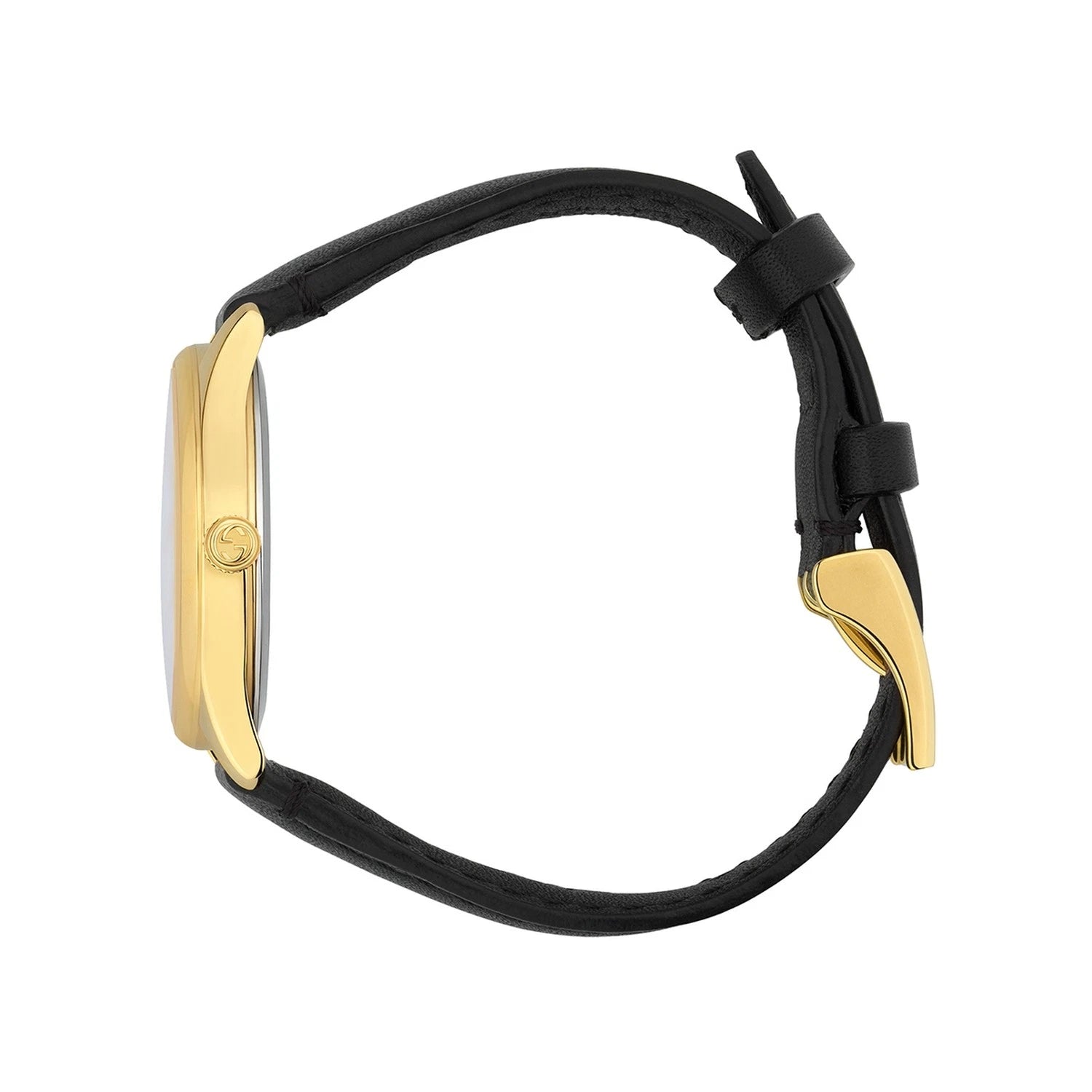Gucci G-Timeless watch with black leather strap worn on wrist showing side profile