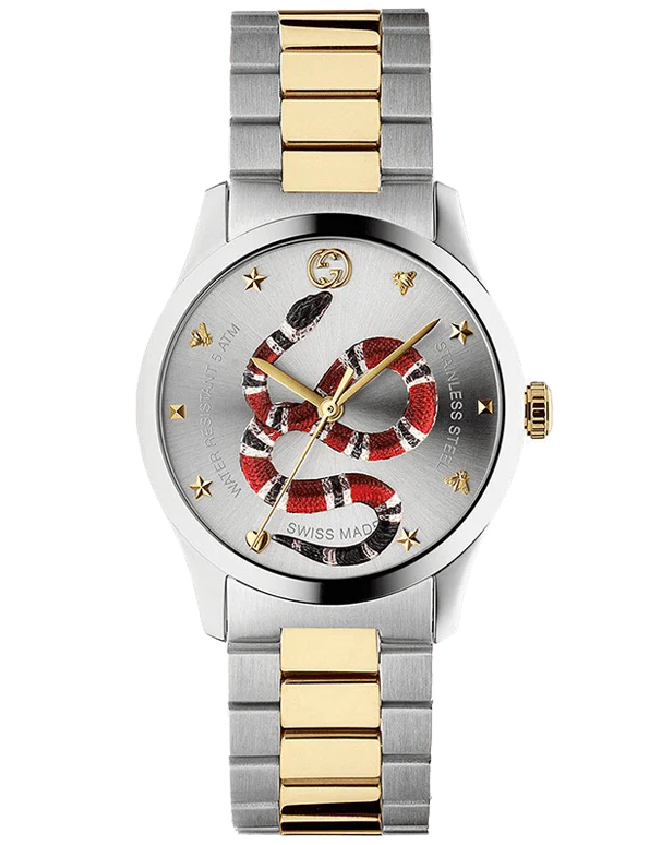 Gucci G-Timeless ladies watch with two-tone bracelet and snake emblem dial