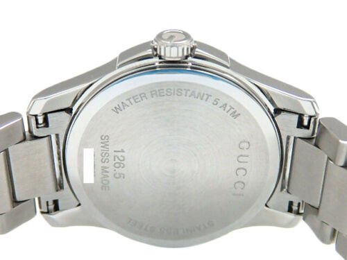 Gucci G Timeless case back showing water resistant 5 ATM and L22.5 engraving