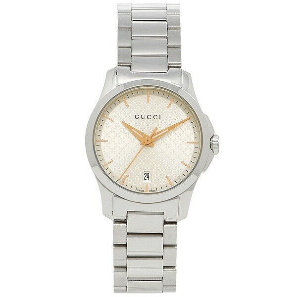 Gucci G Timeless quartz watch featuring champagne sunburst dial with gold-tone hands and date