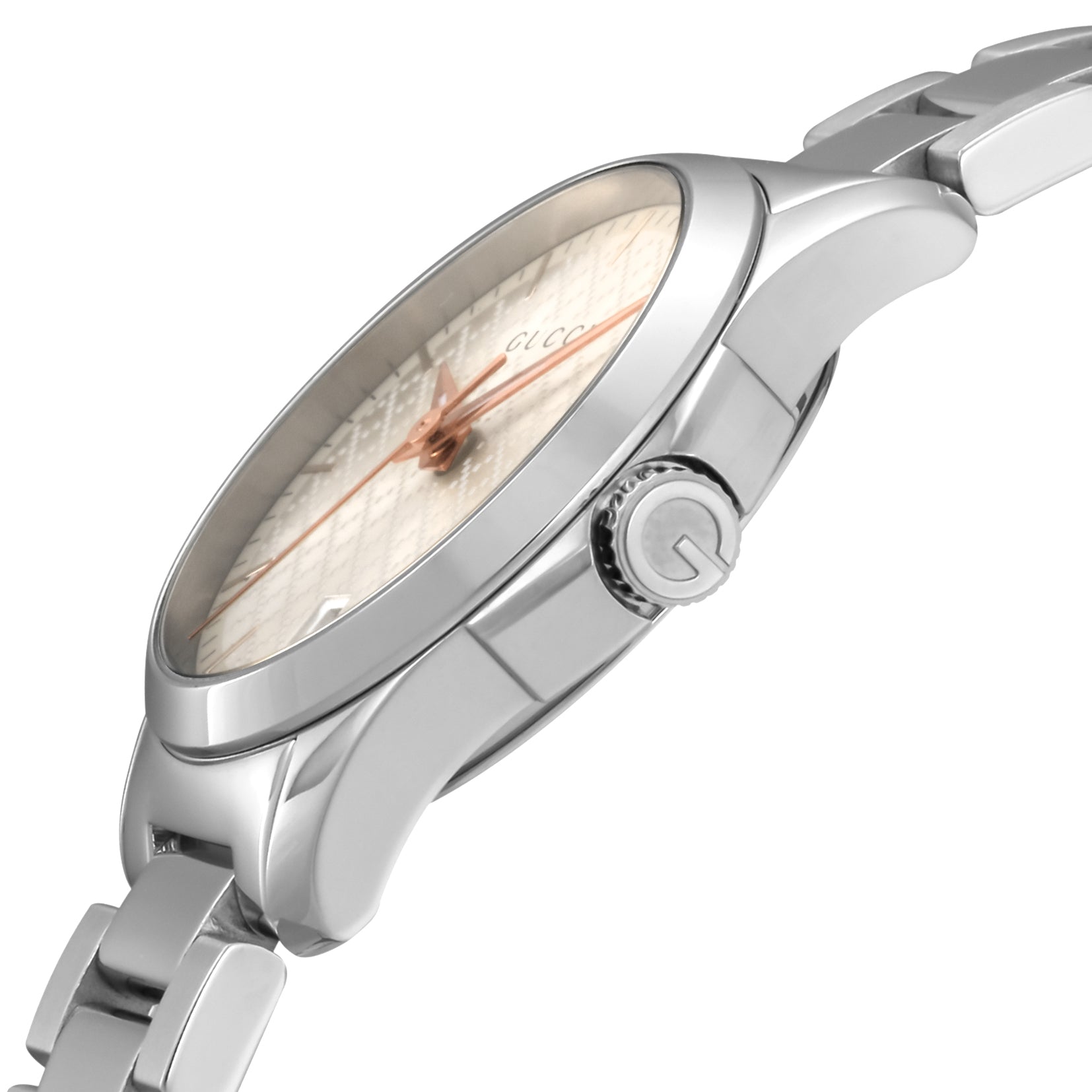 Side view of Gucci G Timeless 27mm watch showing stainless steel case profile