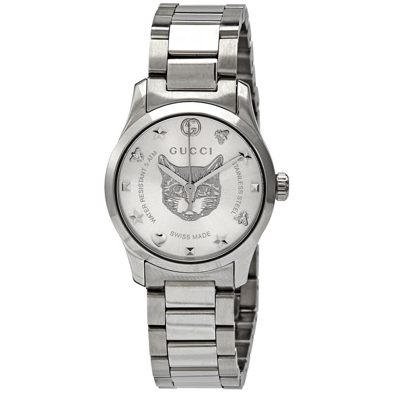 Gucci G-Timeless women's watch with silver dial, feline motif, stainless steel bracelet
