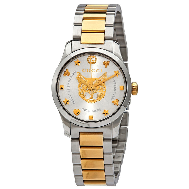 Gucci G-Timeless women's watch with silver dial, golden cat face, and two-tone steel and gold bracelet