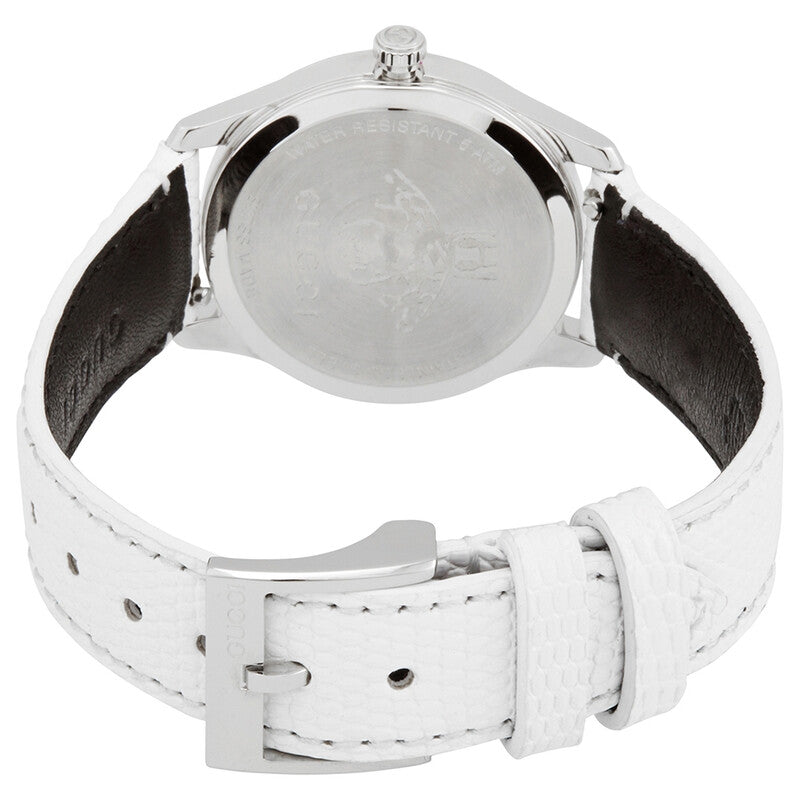 Gucci G-Timeless watch caseback showing white stainless steel case and white leather strap with buckle