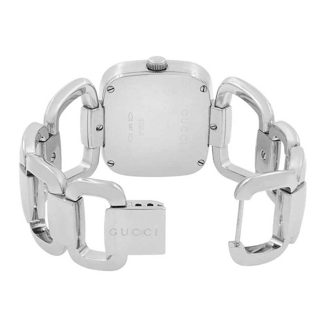 Gucci G Blue YA125508 watch caseback showing stainless steel back with Gucci branding and G-link bracelet