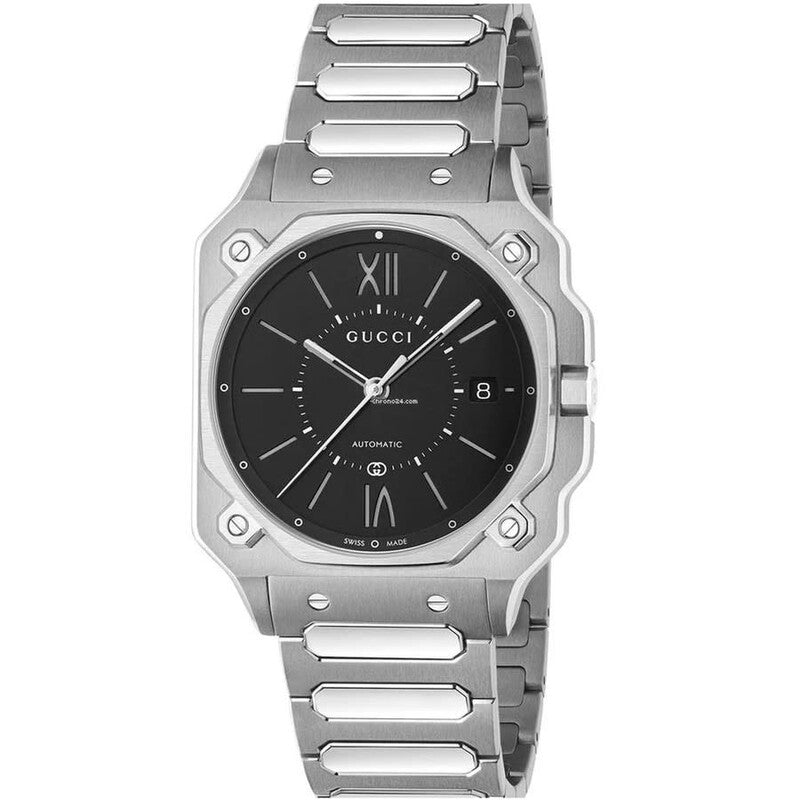 Gucci G-Flat automatic watch with black dial, Roman numerals, stainless steel case and bracelet