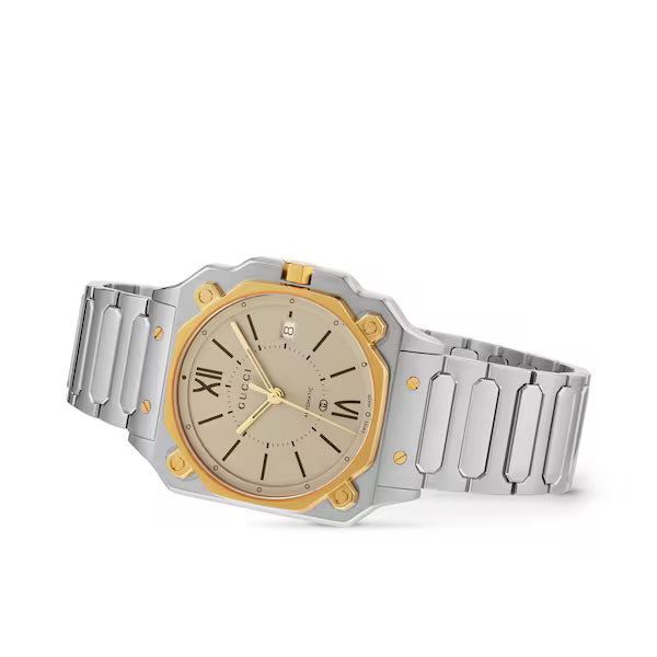Gucci G-Flat automatic watch angled view showing square case with rounded corners and dual-tone design