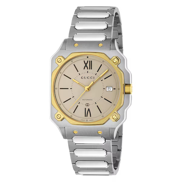 Gucci G-Flat automatic watch with two-tone steel and gold case, cream dial, and Roman numeral hour markers