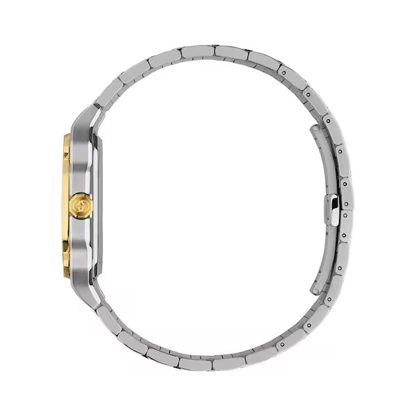 Gucci G-Flat watch side profile displaying steel bracelet and gold-tone bezel