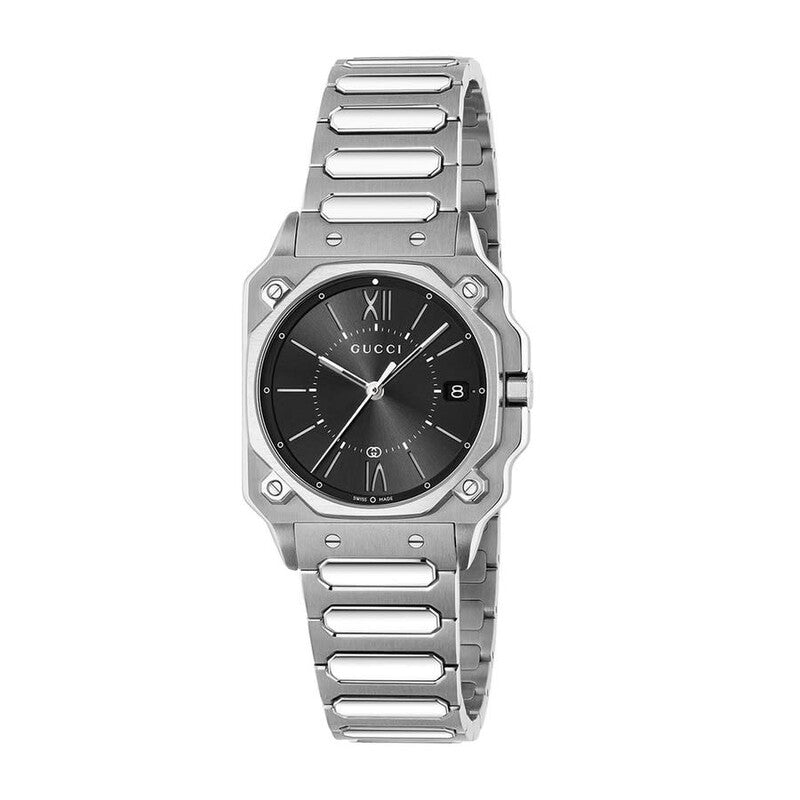 Gucci G-Flat 30mm black dial women's watch with stainless steel bracelet