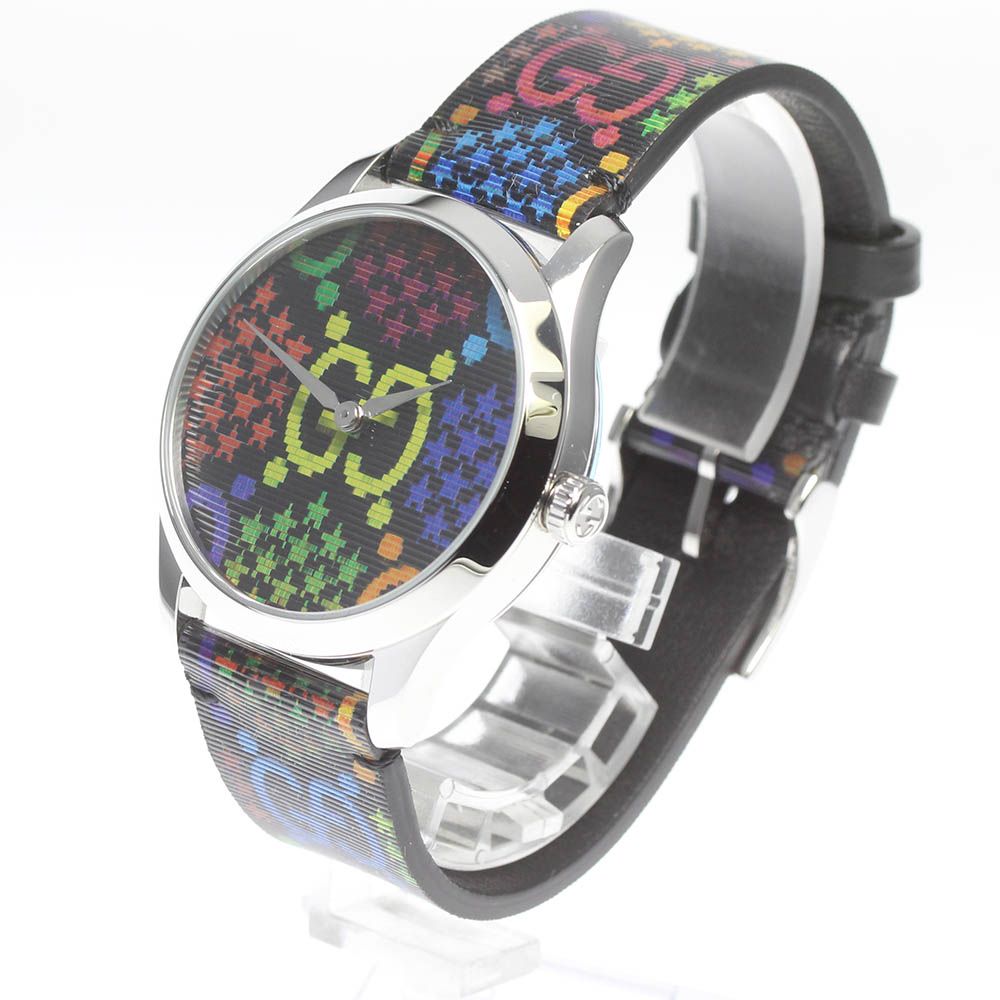 Angled view of Gucci G-Timeless GG Psychedelic watch with colorful strap and dial