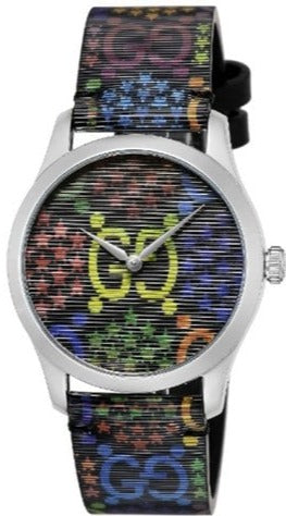 Three-quarter view of Gucci GG Psychedelic watch showing vibrant multicolor dial and strap
