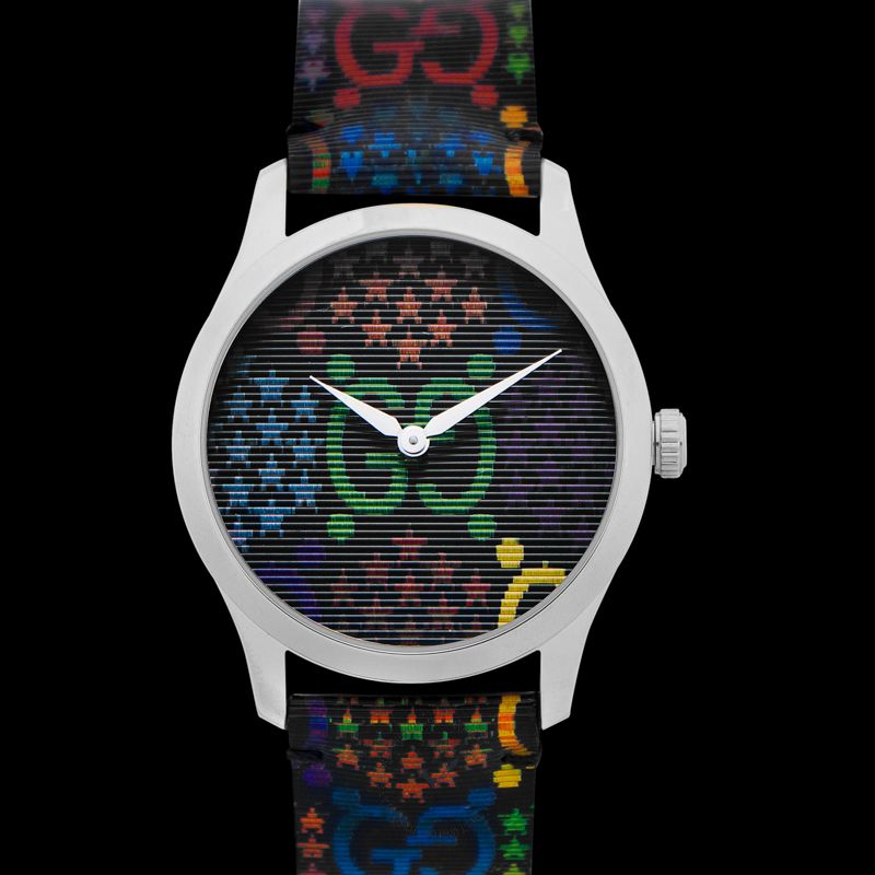 Gucci G-Timeless GG Psychedelic watch front view with vibrant colorful dial design
