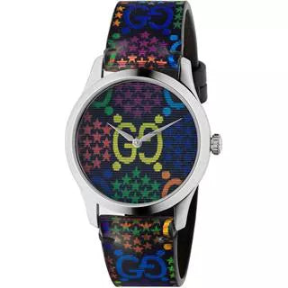 Front view of Gucci G-Timeless 38mm GG Psychedelic ladies watch with colorful dial
