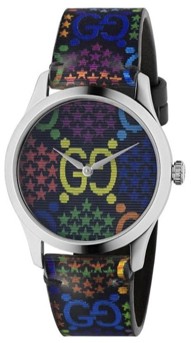 Gucci GG Psychedelic G-Timeless watch with neon GG logo on multicolor patterned dial