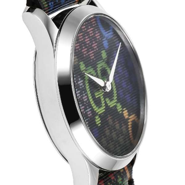 Side profile of Gucci GG Psychedelic 38mm watch showing case depth and strap