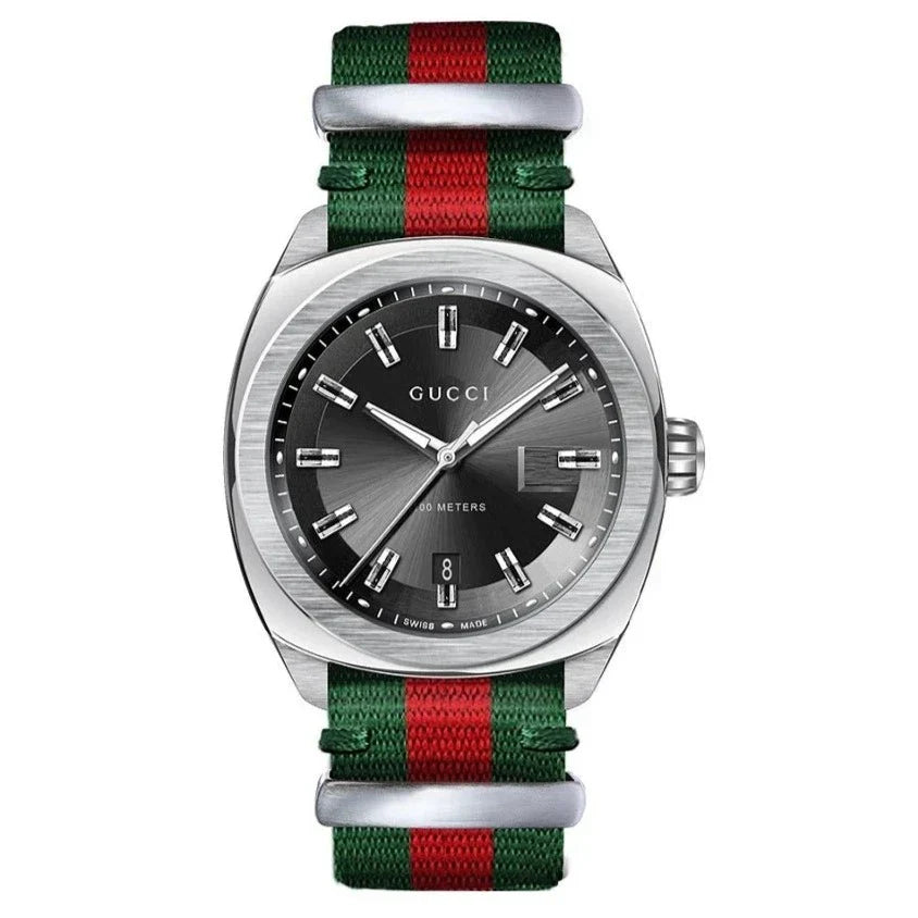 Gucci GG2570 YA142305 men's watch with green-red striped strap, top-down view